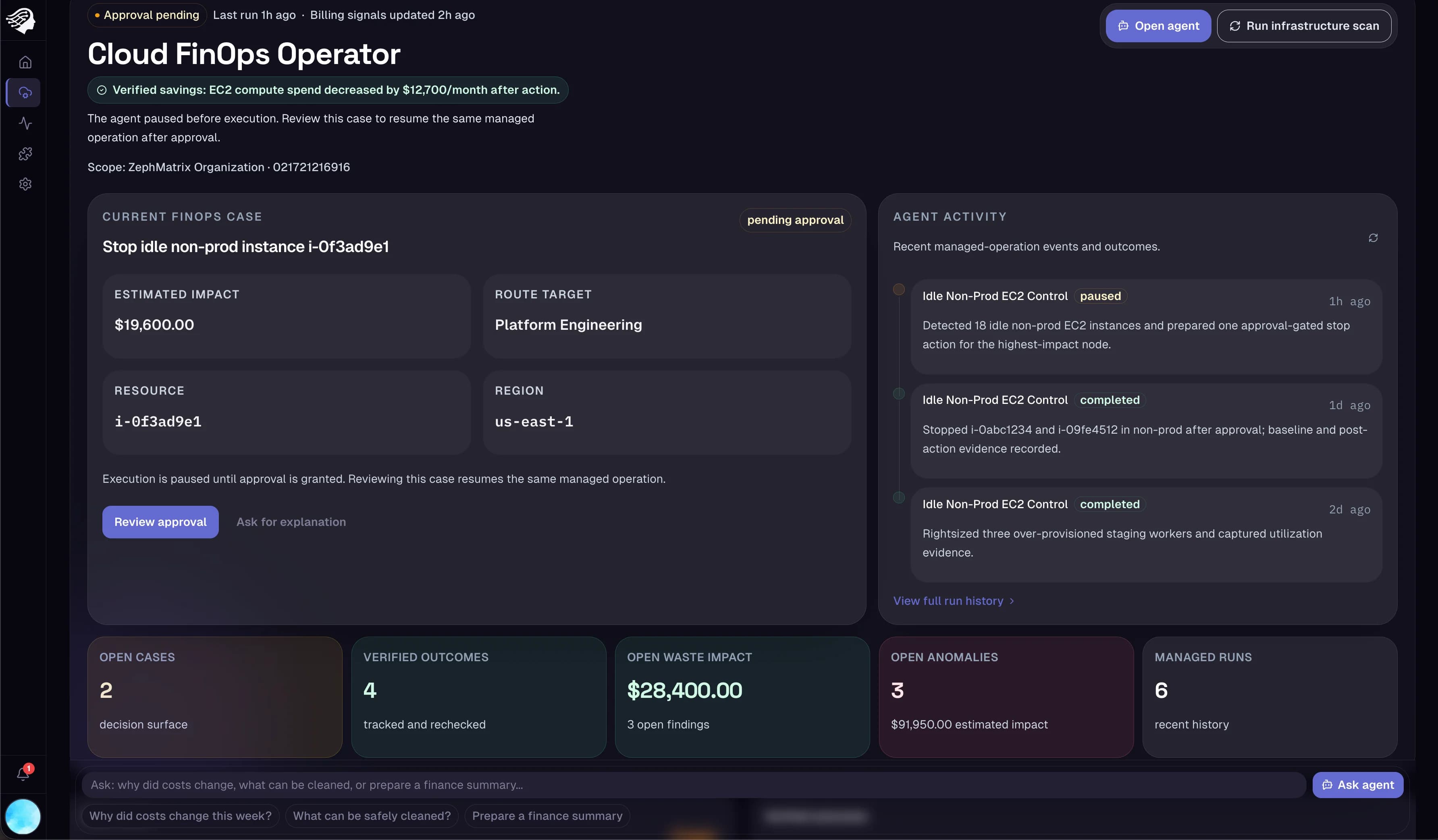 ZephMatrix Cloud FinOps dashboard — cases, agent investigation, and approval-gated actions